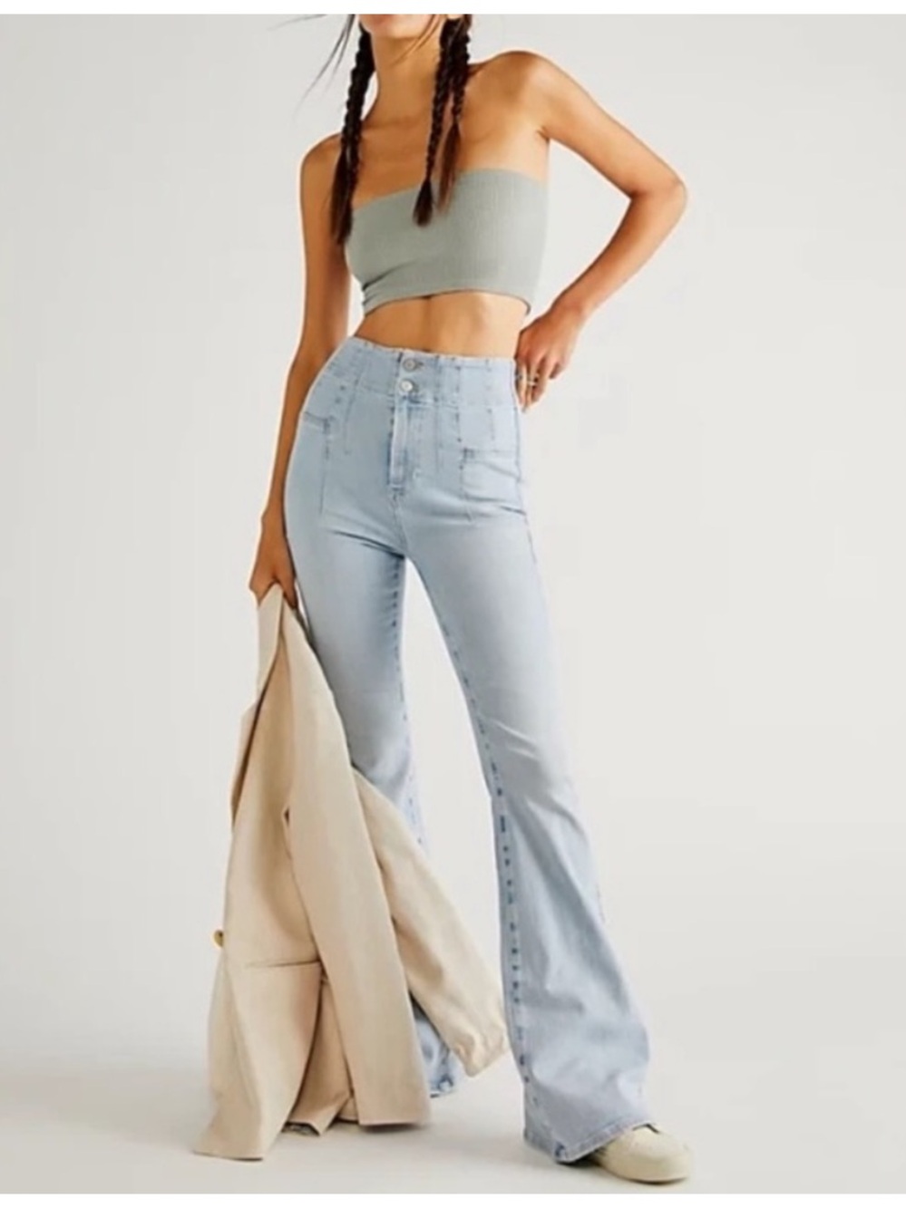 Free People We the Free Jayde Super High Rise Flared Jeans Light Wash Sz 31